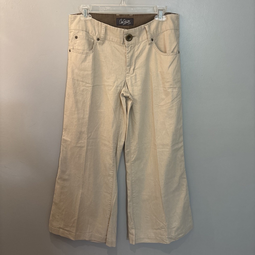 City Streets Beige Wide Leg Khaki Pants Low Rise Linen Blend Women's 8 Coastal